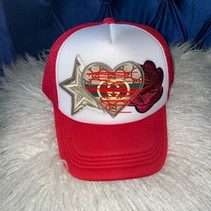 Women’s Custom Made Red and White Patch Trucker Hat with Heart, Star & Rose